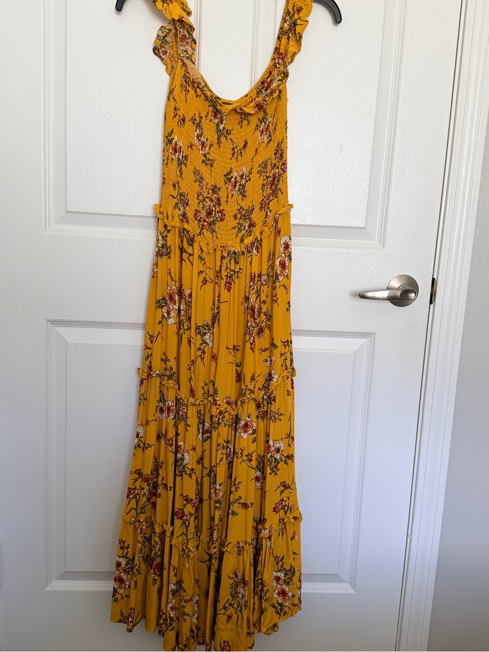 Women's Floral Ruffle-Trim Maxi Dress in Mustard Yellow